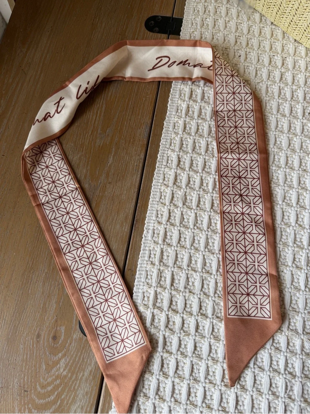 Silk Skinny Scarf in Tan and Cream with Geometric Stripe